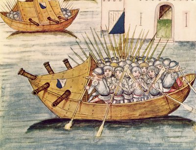 Soldati armati di fucili in una nave con cannoni, dal Berner Chronik, di Diebold Schilling il Vecchio (c.1445-85) 1483 da Swiss School